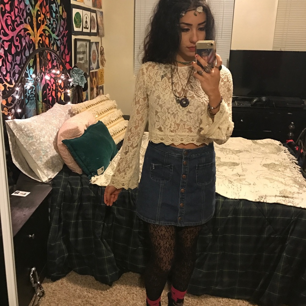 Bohemian Cream Lace Crop Flare Long Sleeve Top